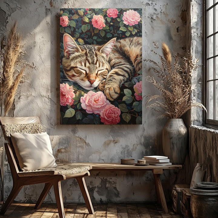 Sleeping Tabby in Rose Garden Canvas – Peaceful Cat Among Blossoms - Gifitto