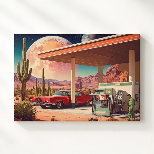 Retro Alien Gas Station Canvas – Vintage Americana Meets Cosmic Desert - Gifitto