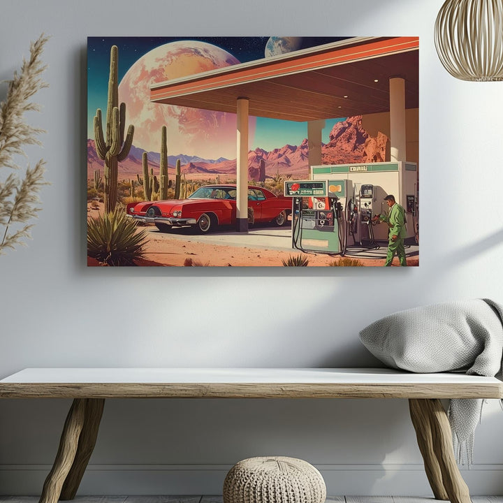 Retro Alien Gas Station Canvas – Vintage Americana Meets Cosmic Desert - Gifitto