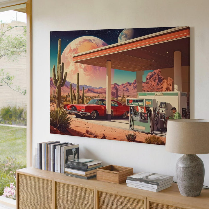 Retro Alien Gas Station Canvas – Vintage Americana Meets Cosmic Desert - Gifitto