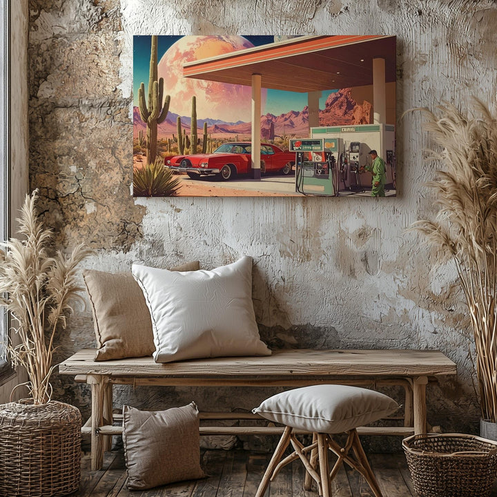 Retro Alien Gas Station Canvas – Vintage Americana Meets Cosmic Desert - Gifitto