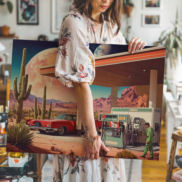 Retro Alien Gas Station Canvas – Vintage Americana Meets Cosmic Desert - Gifitto