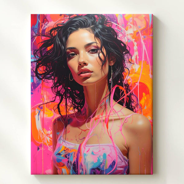 Psychedelic Portrait Canvas – Woman with Liquid Hair and Colorful Light Trails - Gifitto