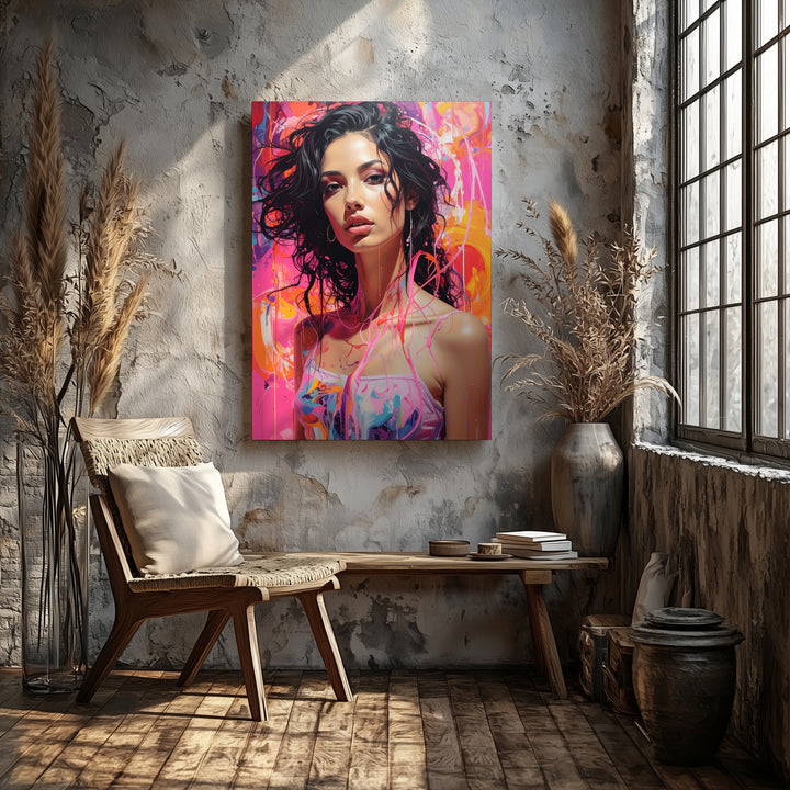 Psychedelic Portrait Canvas – Woman with Liquid Hair and Colorful Light Trails - Gifitto