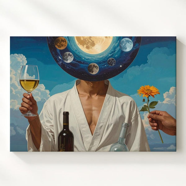 Cosmic Wine Dream Canvas – Surreal Solar System Portrait with Whimsical Elements - Gifitto