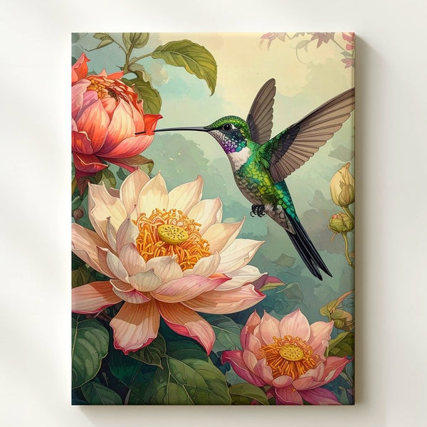 Hummingbird & Lotus Bloom Canvas – Serene Nature Art - Gifitto