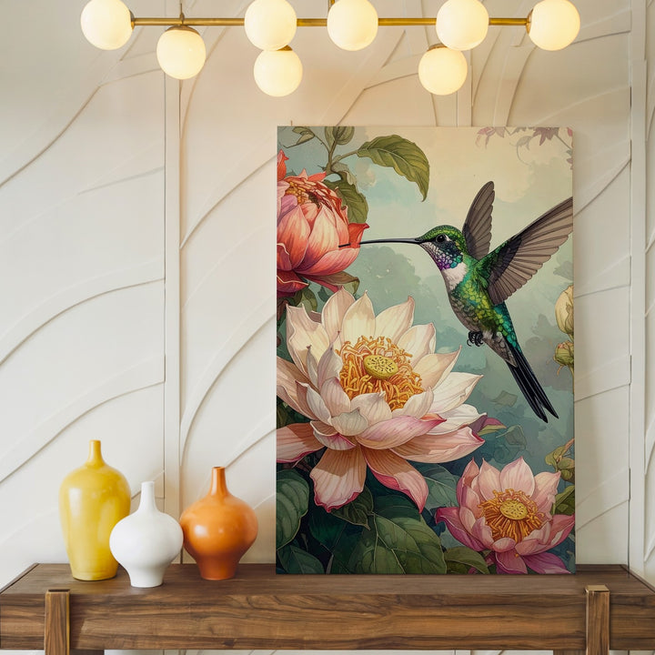 Hummingbird & Lotus Bloom Canvas – Serene Nature Art - Gifitto