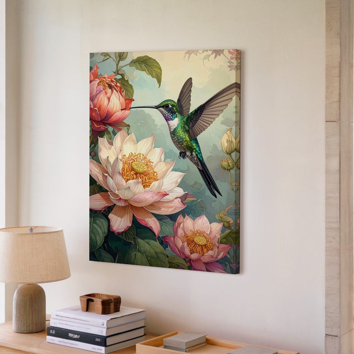 Hummingbird & Lotus Bloom Canvas – Serene Nature Art - Gifitto