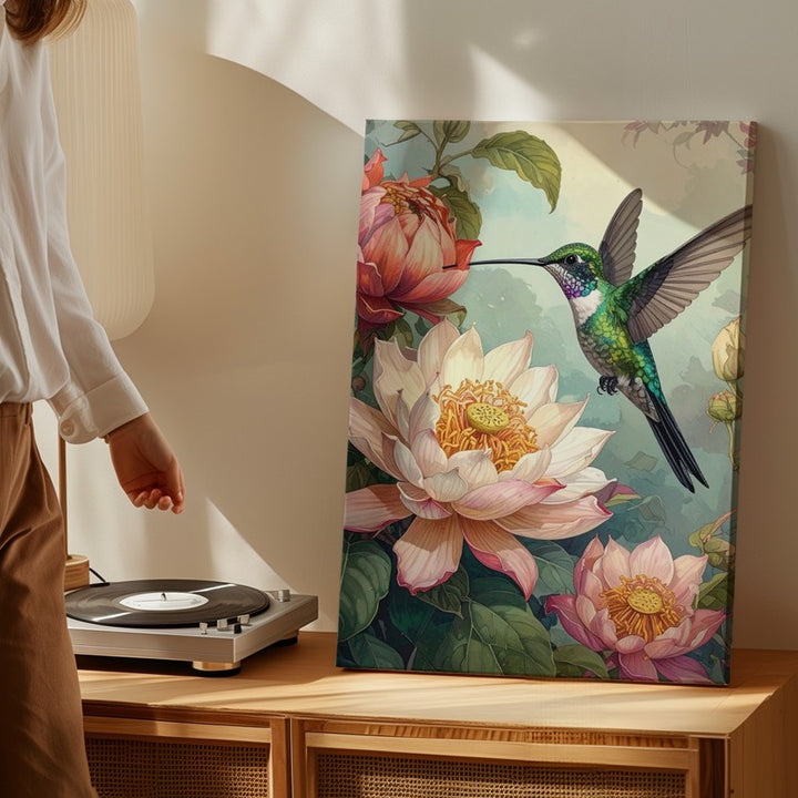 Hummingbird & Lotus Bloom Canvas – Serene Nature Art - Gifitto