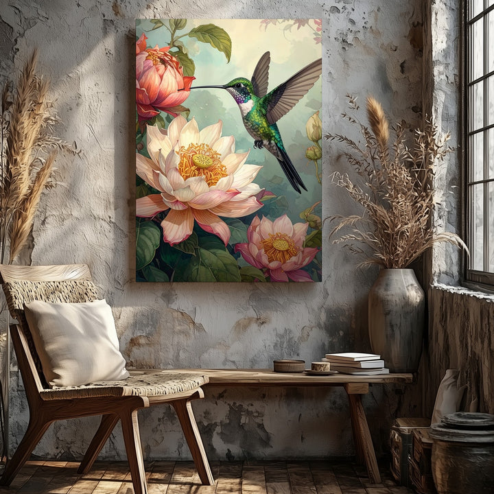 Hummingbird & Lotus Bloom Canvas – Serene Nature Art - Gifitto
