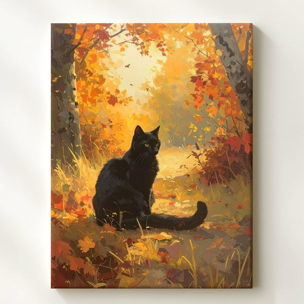 Autumn Forest Cat Canvas – Tranquil Fall Art with Black Cat & Golden Leaves - Gifitto