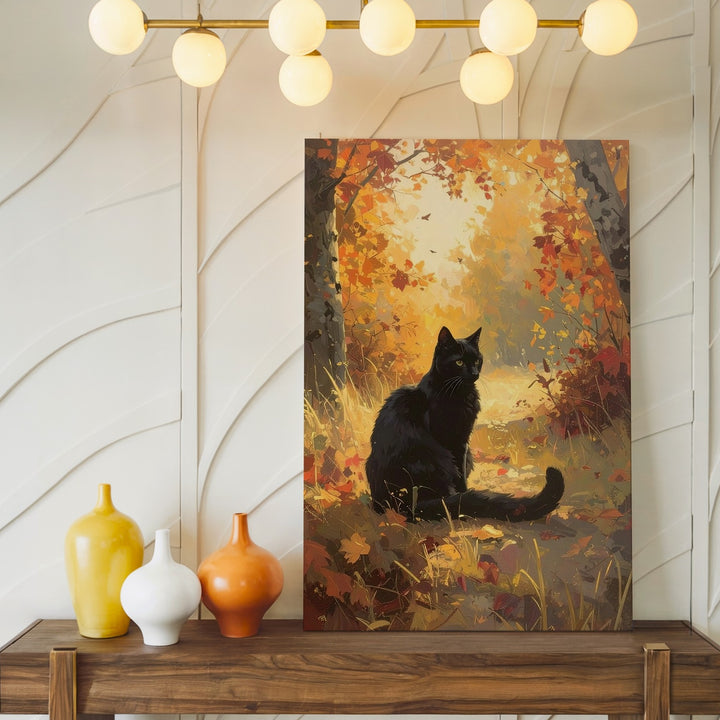 Autumn Forest Cat Canvas – Tranquil Fall Art with Black Cat & Golden Leaves - Gifitto
