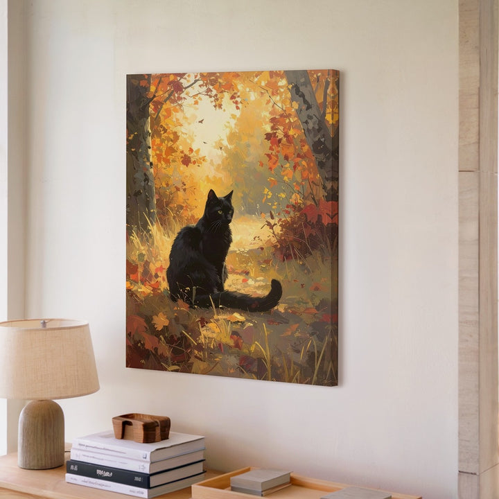 Autumn Forest Cat Canvas – Tranquil Fall Art with Black Cat & Golden Leaves - Gifitto