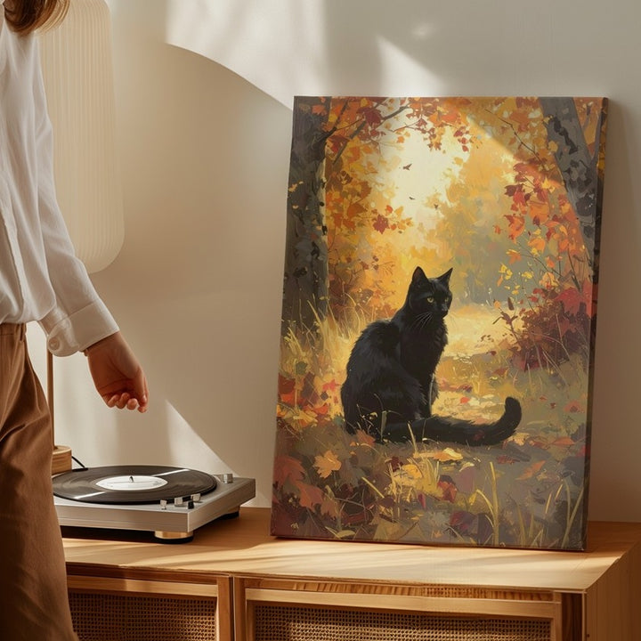 Autumn Forest Cat Canvas – Tranquil Fall Art with Black Cat & Golden Leaves - Gifitto