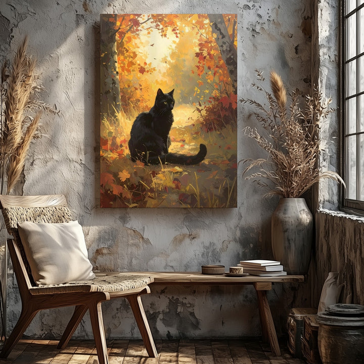 Autumn Forest Cat Canvas – Tranquil Fall Art with Black Cat & Golden Leaves - Gifitto