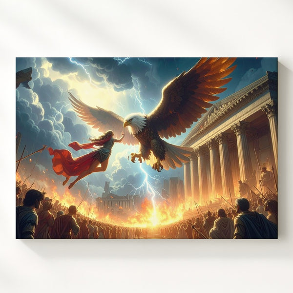 Clash of Titans Canvas – Mythic Woman vs. Glowing Eagle Battle Art - Gifitto