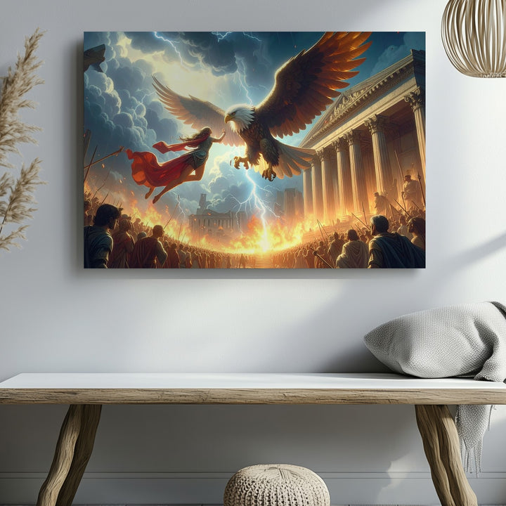 Clash of Titans Canvas – Mythic Woman vs. Glowing Eagle Battle Art - Gifitto