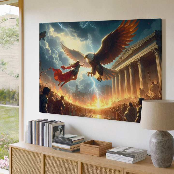 Clash of Titans Canvas – Mythic Woman vs. Glowing Eagle Battle Art - Gifitto