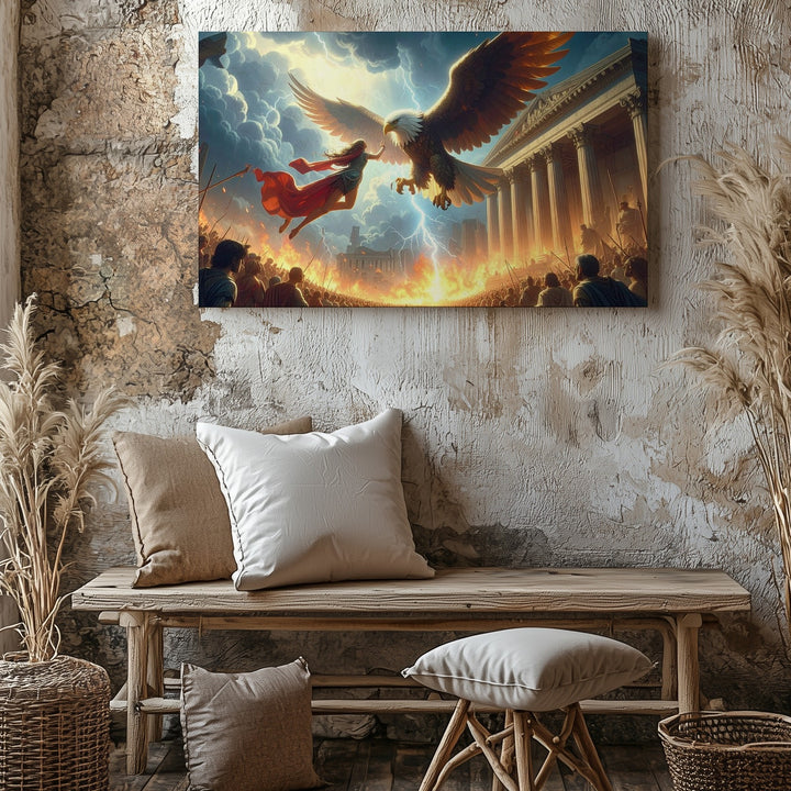 Clash of Titans Canvas – Mythic Woman vs. Glowing Eagle Battle Art - Gifitto