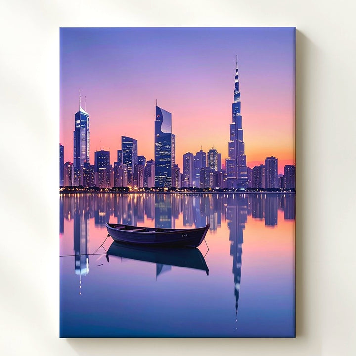 Minimalist Sunset City Skyline Canvas – Reflections and Rowboat on Calm Water - Gifitto