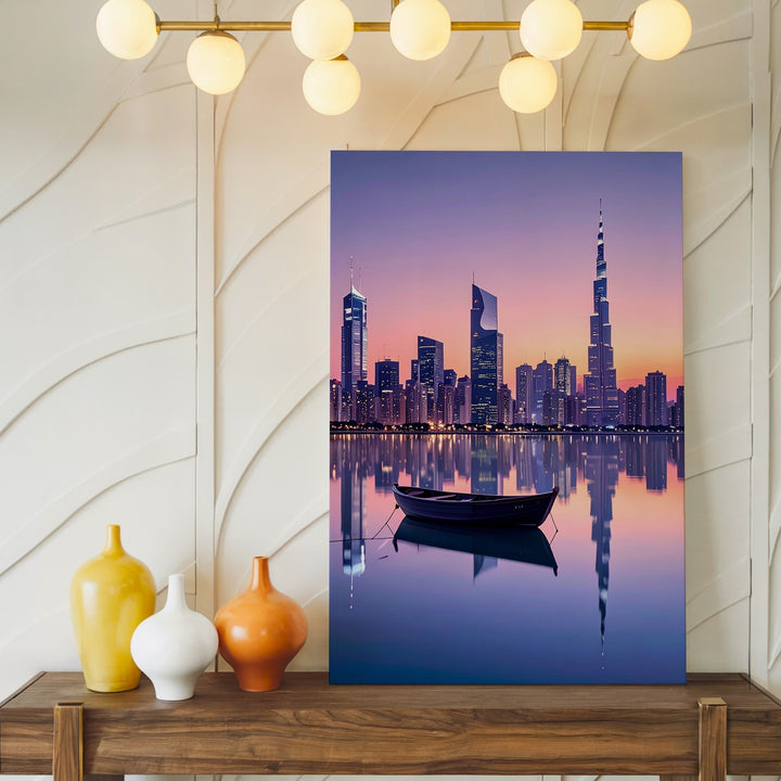 Minimalist Sunset City Skyline Canvas – Reflections and Rowboat on Calm Water - Gifitto