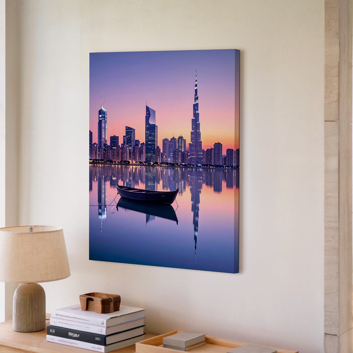 Minimalist Sunset City Skyline Canvas – Reflections and Rowboat on Calm Water - Gifitto