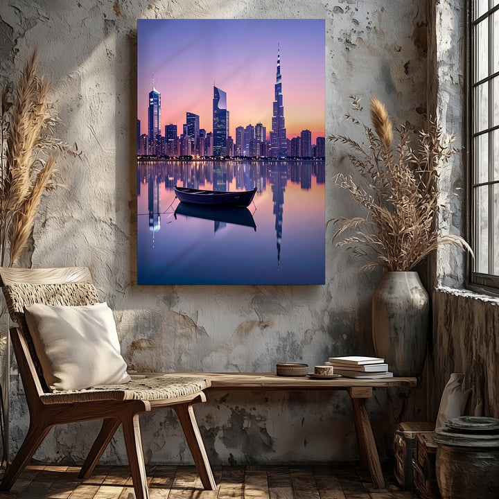 Minimalist Sunset City Skyline Canvas – Reflections and Rowboat on Calm Water - Gifitto