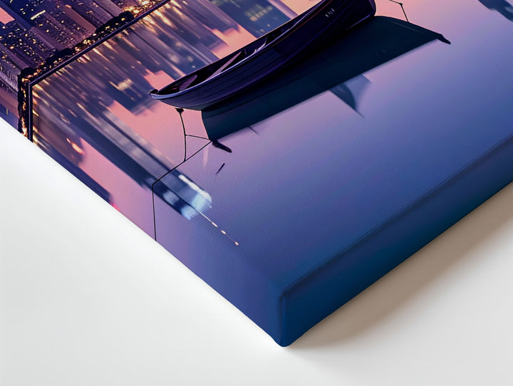 Minimalist Sunset City Skyline Canvas – Reflections and Rowboat on Calm Water - Gifitto