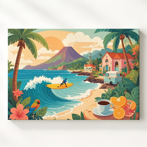 Pastel Tropical Village Canvas – Playful Coastal Surf and Vacation Scene - Gifitto