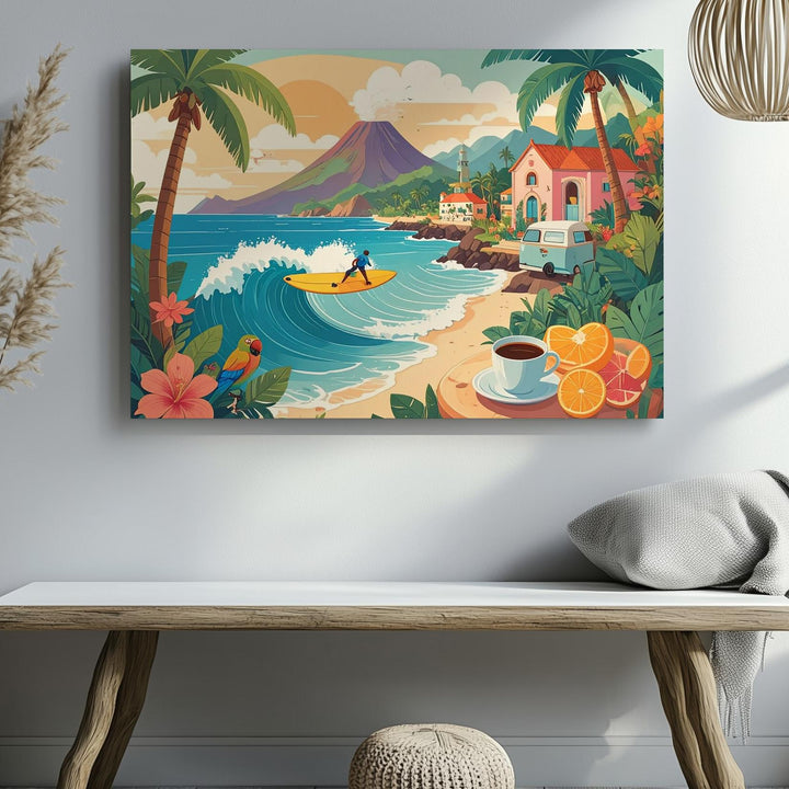 Pastel Tropical Village Canvas – Playful Coastal Surf and Vacation Scene - Gifitto