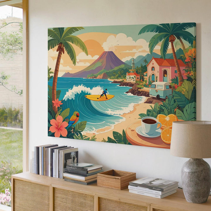 Pastel Tropical Village Canvas – Playful Coastal Surf and Vacation Scene - Gifitto