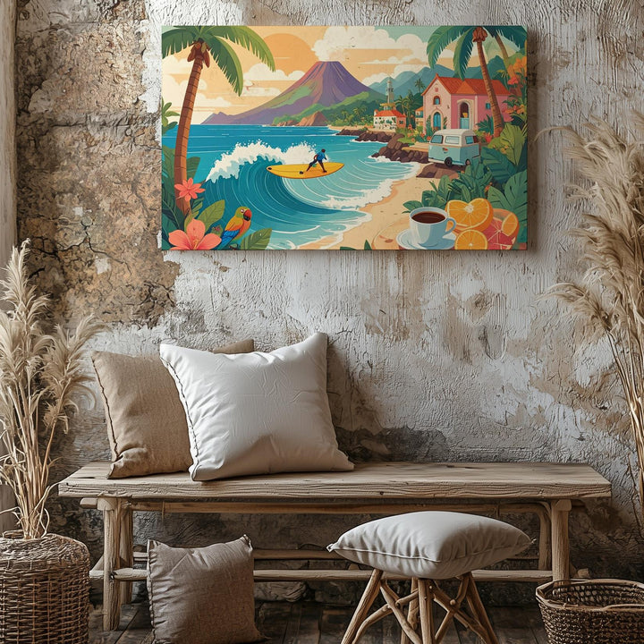 Pastel Tropical Village Canvas – Playful Coastal Surf and Vacation Scene - Gifitto
