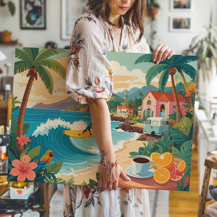Pastel Tropical Village Canvas – Playful Coastal Surf and Vacation Scene - Gifitto