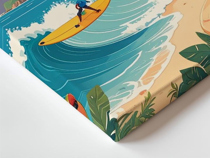 Pastel Tropical Village Canvas – Playful Coastal Surf and Vacation Scene - Gifitto