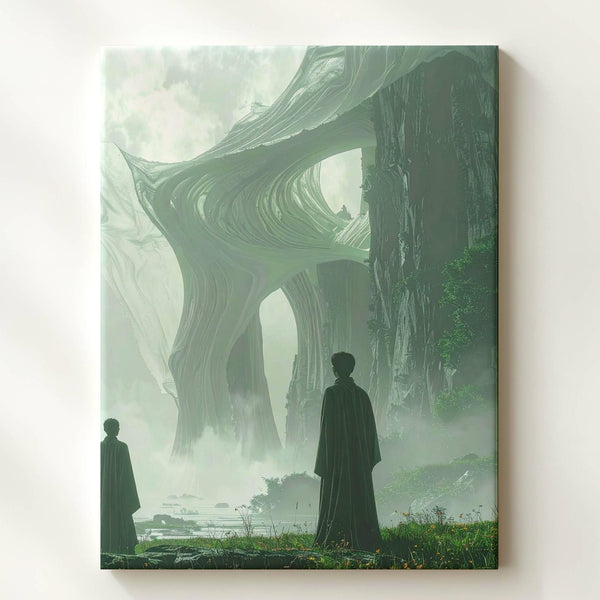 Serene Futuristic Landscape Canvas – Solitary Figure and Translucent Tower - Gifitto