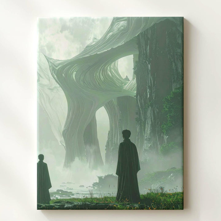 Serene Futuristic Landscape Canvas – Solitary Figure and Translucent Tower - Gifitto