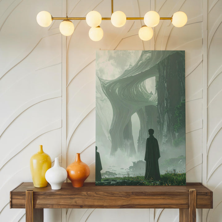 Serene Futuristic Landscape Canvas – Solitary Figure and Translucent Tower - Gifitto