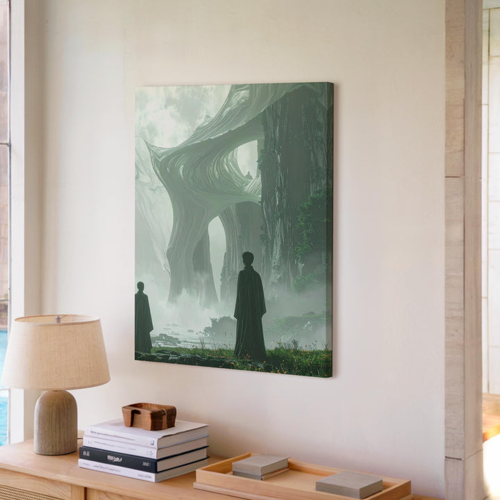 Serene Futuristic Landscape Canvas – Solitary Figure and Translucent Tower - Gifitto