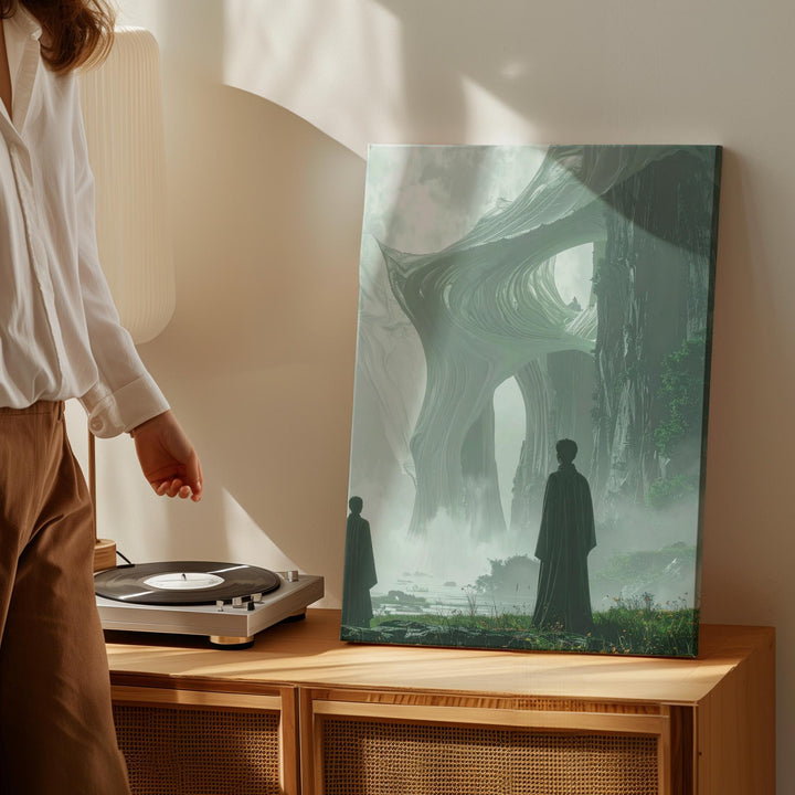 Serene Futuristic Landscape Canvas – Solitary Figure and Translucent Tower - Gifitto
