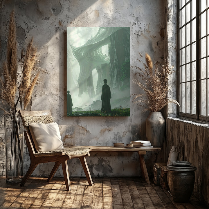Serene Futuristic Landscape Canvas – Solitary Figure and Translucent Tower - Gifitto