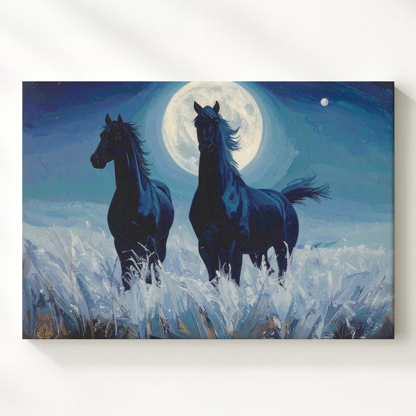 Moonlit Blue Horses Canvas – Surreal Equestrian Art - Gifitto