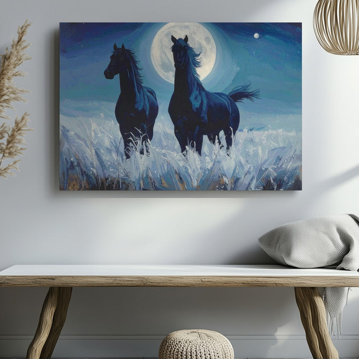 Moonlit Blue Horses Canvas – Surreal Equestrian Art - Gifitto