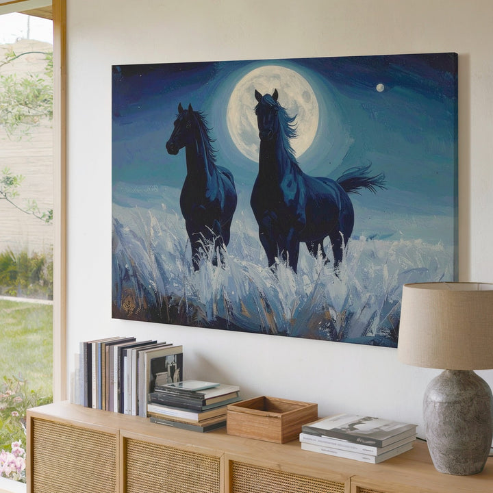 Moonlit Blue Horses Canvas – Surreal Equestrian Art - Gifitto