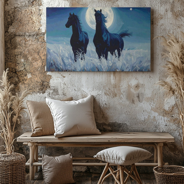Moonlit Blue Horses Canvas – Surreal Equestrian Art - Gifitto