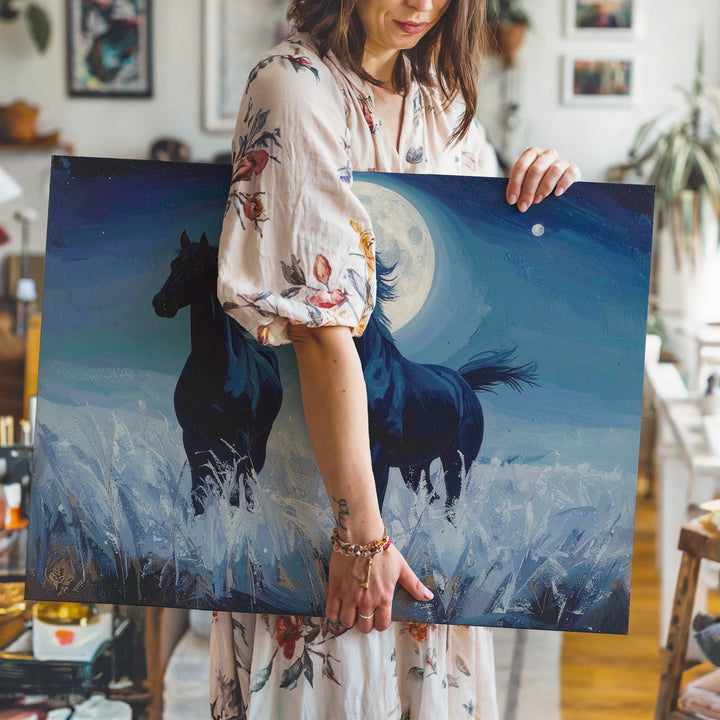 Moonlit Blue Horses Canvas – Surreal Equestrian Art - Gifitto