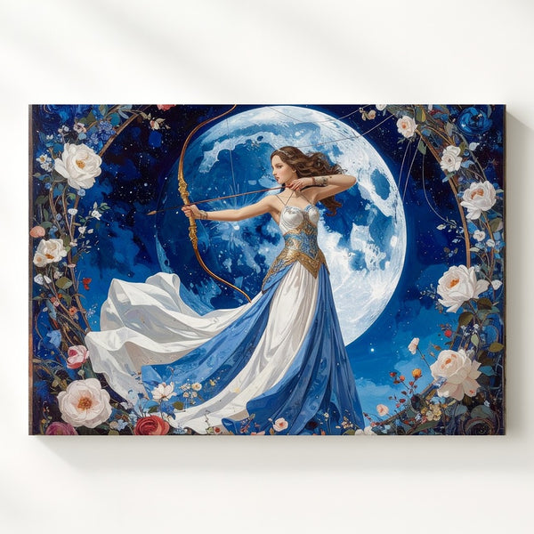 Lunar Huntress Canvas – Celestial Archer with Moon and Floral Arch - Gifitto