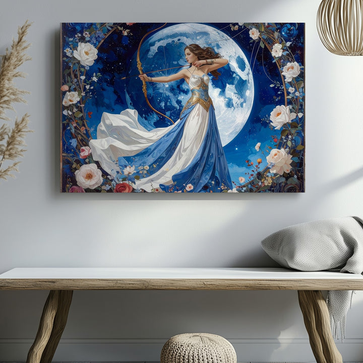 Lunar Huntress Canvas – Celestial Archer with Moon and Floral Arch - Gifitto