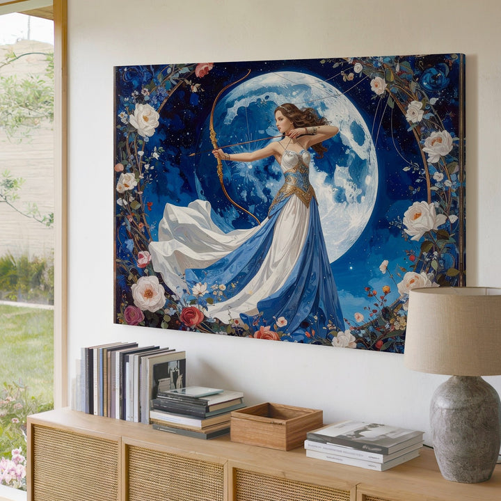 Lunar Huntress Canvas – Celestial Archer with Moon and Floral Arch - Gifitto