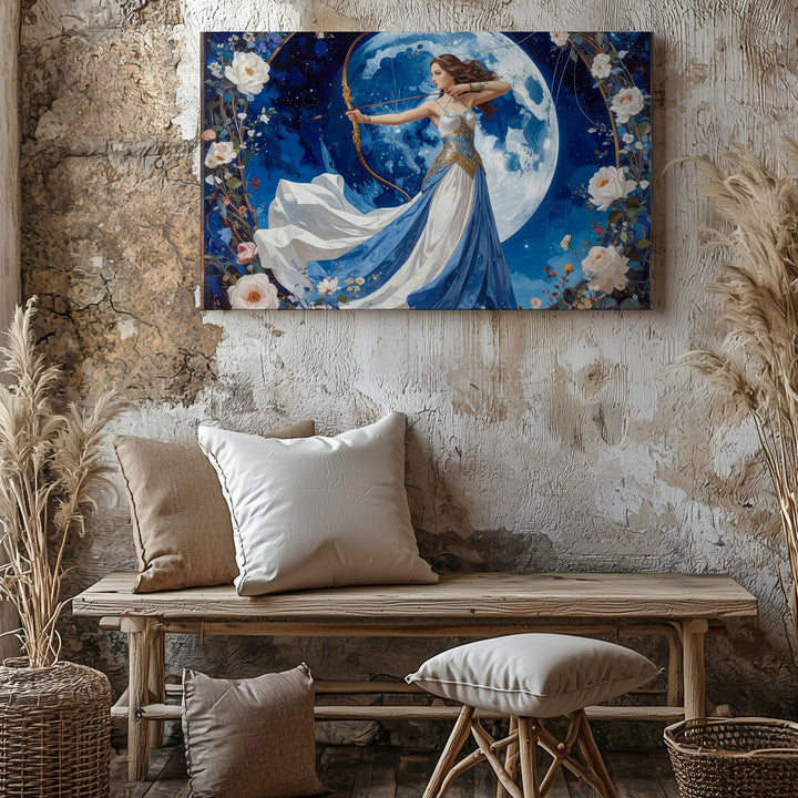 Lunar Huntress Canvas – Celestial Archer with Moon and Floral Arch - Gifitto