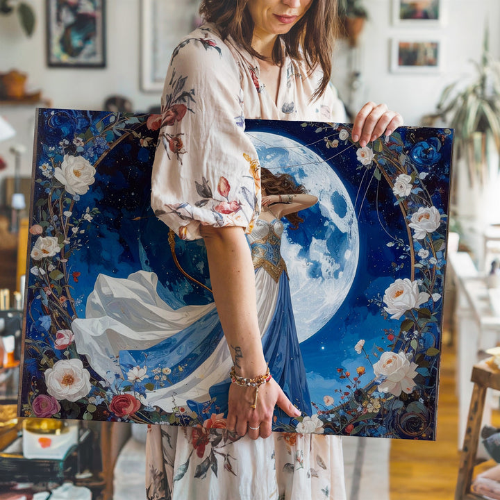 Lunar Huntress Canvas – Celestial Archer with Moon and Floral Arch - Gifitto
